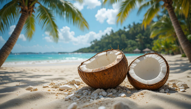 Halved coconuts on a tropical beach with palm trees white sand and turquoise water