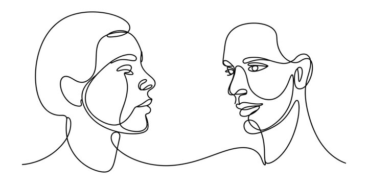 Minimalist continuous line drawing of two human faces facing each other in a simple art style Vector, illustration