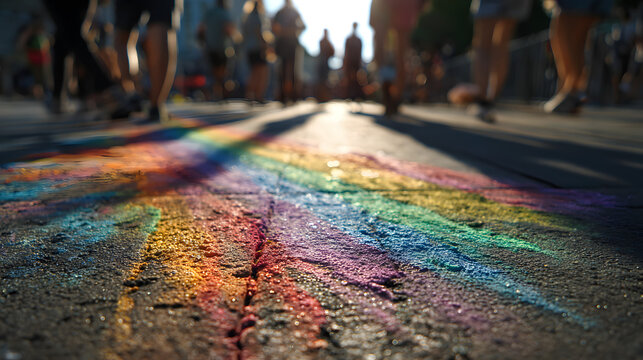 Rainbow chalk drawing on a dark asphalt street, showing people walking in the distance, representing the concepts of pride, equality, and community support