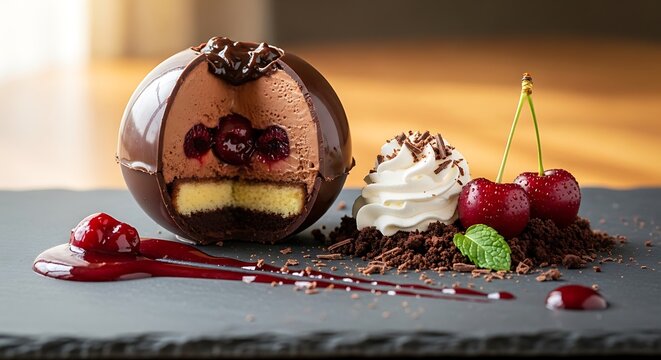 Decadent Black Forest Chocolate Sphere Dessert with Whipped Cream and Cherries.