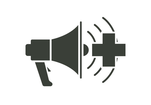 Meg&aacute;fono emitiendo ondas de sonido hacia una cruz m&eacute;dica que simboliza la comunicaci&oacute;n de emergencias y avisos de salud p&uacute;blica