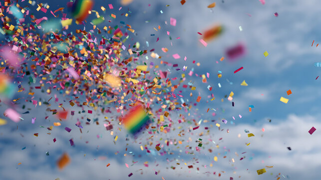 Colorful confetti raining down against a blue sky, symbolizing celebration, freedom, joy, and the vibrant spirit of pride events and festivals worldwide
