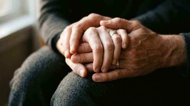 A close-up of two pairs of hands clasped together resting on a knee, one set of hands  slightly trembling, knuckles whitened from grip  held gently between a second