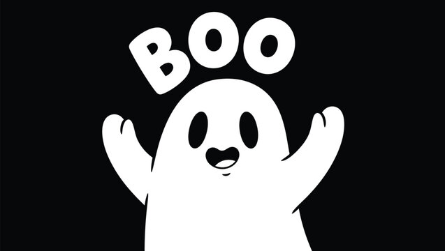 A playful cartoon ghost with wide eyes and outstretched arms, exclaiming 'BOO' against a stark black background, representing a friendly and lighthearted scare.