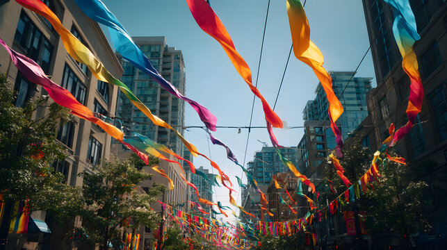 Rainbow banners and streamers decorate a city street under a clear blue sky, celebrating pride and diversity with colorful flags, movement, sunlight, and urban architecture