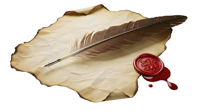 Feather quill and wax seal resting atop a parchment leaf isolated on white background