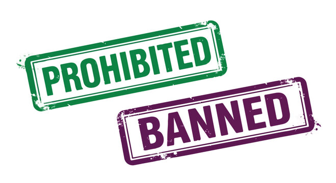 Close-up of Prohibited and Banned stamps in green and purple ink on white background for restriction symbols
