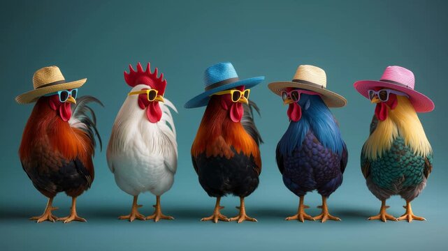 Five brightly colored chickens stand side by side wearing sunglasses and straw hats against a clean blue background, creating a funny, stylish and whimsical fashion concept scene.