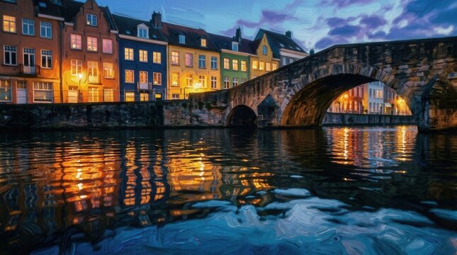Intimate close-up reflection shot from canal level looking across the water surface, a row of colorful terraced townhouses with illuminated windows reflected in the dark