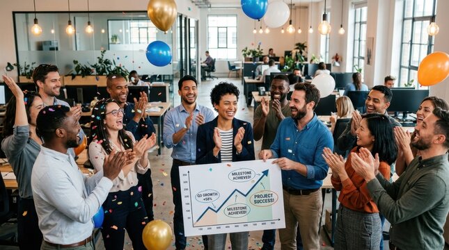 A team celebrating a project milestone in a modern open-plan office, people standing and clapping with genuine smiles, one person holding a printed chart showing an