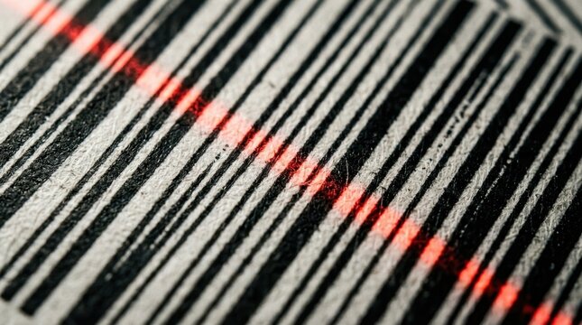 Extreme macro close-up of a printed barcode on slightly worn matte paper, the parallel black bars of varying widths rendered in razor-sharp detail with subtle ink bleed