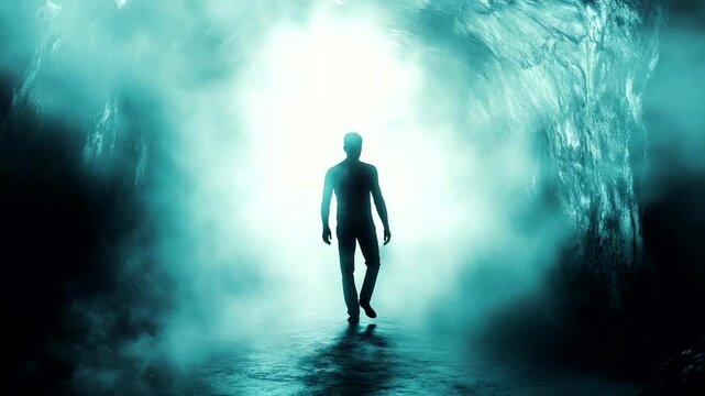 Mysterious figure walking through a foggy tunnel, illuminated by ethereal light, evoking intrigue