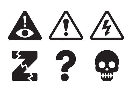 Set of black danger and warning icons isolated on white background.