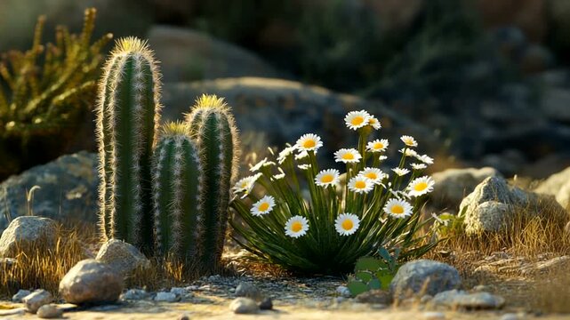 Vibrant desert scene featuring blooming daisies beside towering cacti amidst rocky terrain