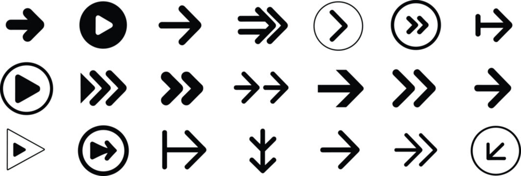 Collection of various arrow and play button icons in different styles and directions Keywords: arrow, direction, navigation, play, button