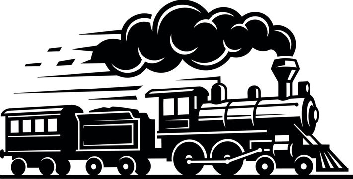 Vintage steam locomotive vector illustration, classic antique train with smoke clouds, retro black and white railway engine icon for travel design