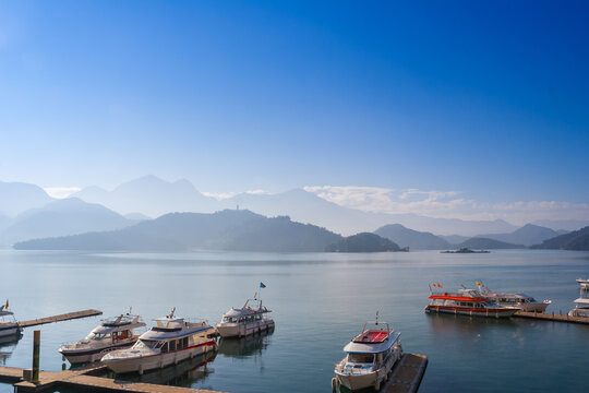 Boats at a jetty in the Sun Moon Lake, Taiwan