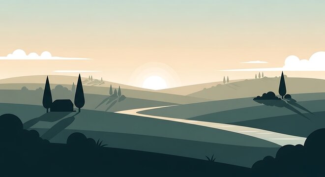 A serene landscape features rolling hills, a winding river, and a rising sun. Minimalist, two-dimensional art, soft hues