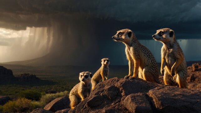 Meerkats on a rocky outcrop observing an approaching storm over a dramatic landscape at dusk