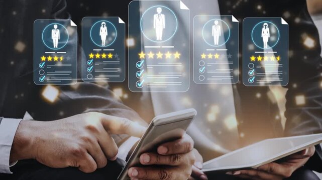 Hands of professionals browsing digital profiles on smartphone and tablet, showcasing evaluation ratings and selections in a modern workspace setting Sigmoid