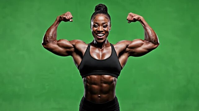 Female bodybuilder flexing muscles against a vibrant green backdrop