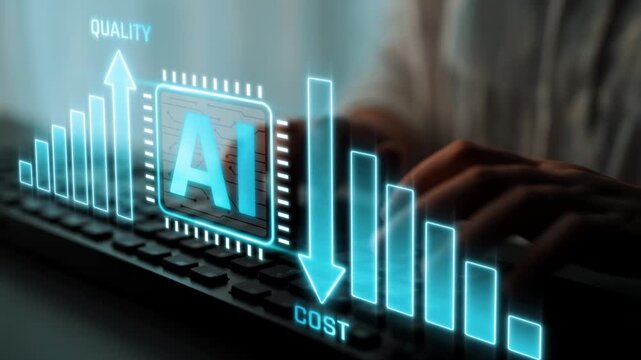 Hands typing on keyboard in front of glowing AI chart displaying quality and cost metrics for business technology advancement Sigmoid