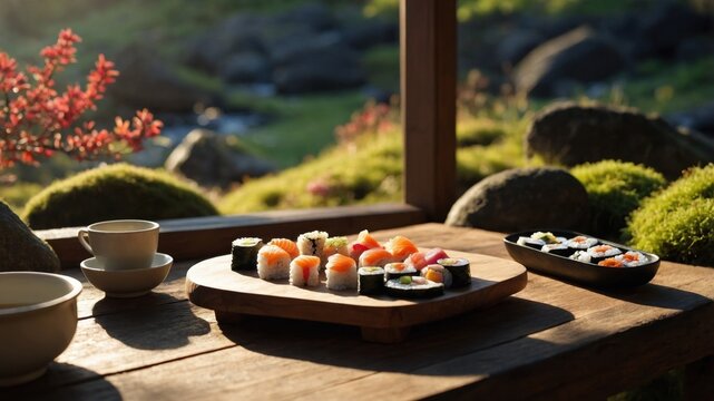 A serene outdoor scene featuring a beautifully arranged sushi platter on a wooden table amidst nature