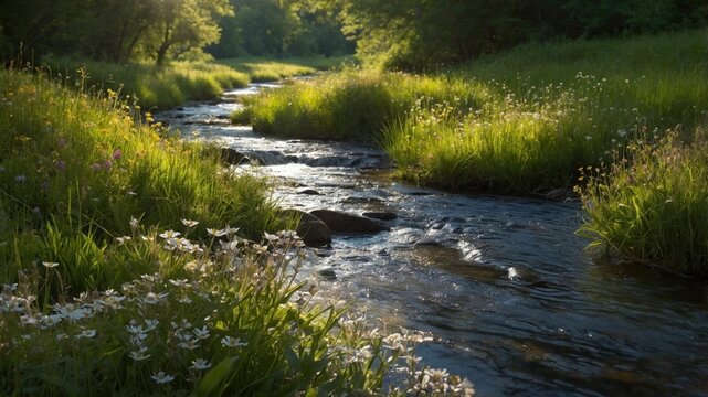Serene river flowing through lush green meadows with wildflowers under soft sunlight in nature