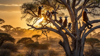 Fototapeta premium Group of lemurs perched on a tree at sunset in a savanna, creating a serene wildlife scene