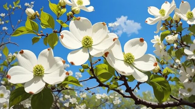 Close-up of white dogwood flowers blooming against a bright blue sky background.