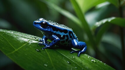 Obraz premium Vibrant blue poison dart frog perched on a lush green leaf, surrounded by a rain-soaked jungle backdrop