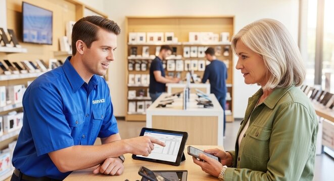 A male employee in a blue shirt and a female customer in a green jacket discussing a tablet in a store with a display of electronics.