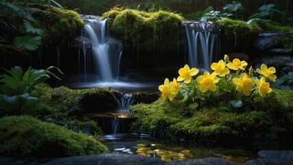 Naklejka premium Serene waterfall surrounded by vibrant yellow flowers and lush greenery in a tranquil forest setting
