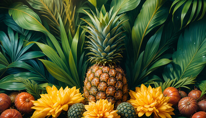Fototapeta premium Pineapple surrounded by tropical fruits and flowers in lush greenery exotic plants and vibrant blooms