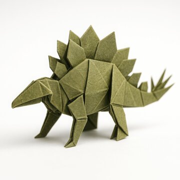 Green origami stegosaurus dinosaur sculpture with spiked plates on white background