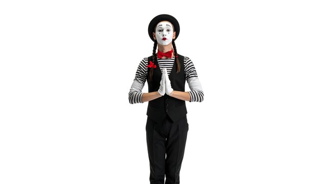 A person in mime attire, including face paint, bow tie, vest, and striped shirt, clasps hands, a hat, and pigtails against a white background