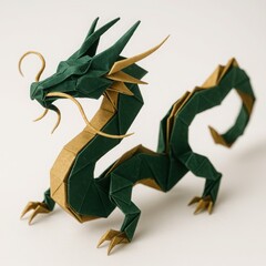 Fototapeta premium Origami Chinese dragon in dark green and gold paper