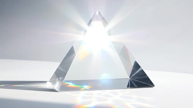 A clear glass pyramid sculpture on a white surface, casting shadows, with a bright background.