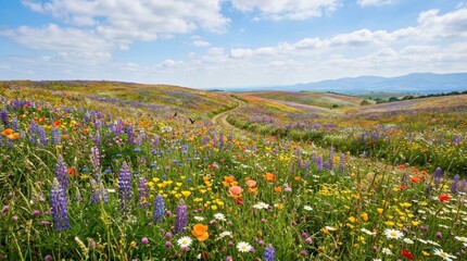 Fototapeta premium Expansive wildflower meadow stretching across rolling terrain, dense clusters of colorful blossoms swaying gently in the breeze, bright sunlight enhancing vivid hues, distant