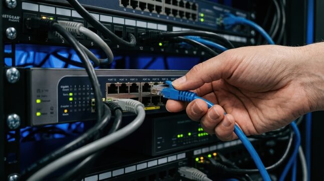 Hand carefully inserting blue Ethernet cable into network server port for connectivity