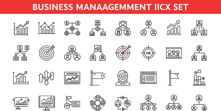 Business management editable stroke outline icon set featuring analytics workflow hierarchy strategy target HR growth vector symbol collection