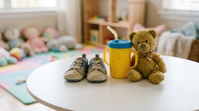 Soft canvas infant shoes and a yellow sippy cup beside a teddy bear on a table, creating a comforting nursery scene