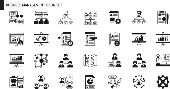Business management KPI analytics HR workflow hierarchy reporting strategy corporate dashboard outline editable stroke vector icon set for interface design
