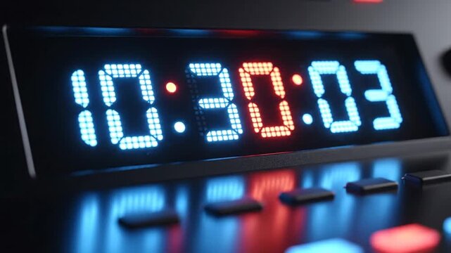 Digital clock displaying time on a dark background with blue and red illumination