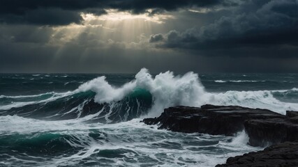 Naklejka premium Dramatic ocean waves crashing against rocky shore under dark, stormy skies with sunlight breaking through