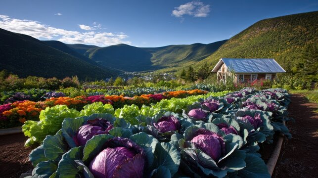 Abundant Vegetable Field with Purple Cabbage in Bloom Under a Clear Blue Sky and Mountainous Backdrop