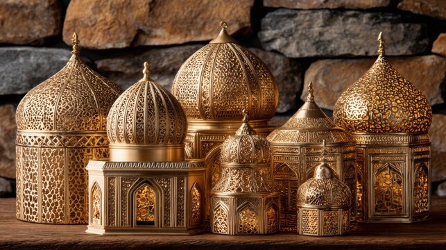 Collection of miniature decorative golden mosque models with intricate Islamic architecture and ornate detailing