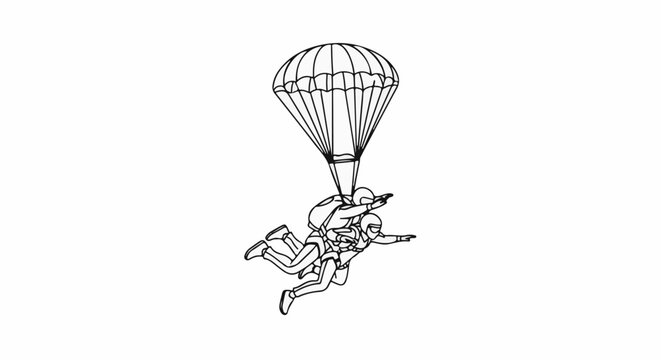 Two people tandem skydiving under a parachute, reaching out