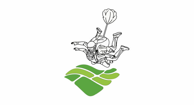 Two people skydiving in tandem above a green, abstract ground pattern