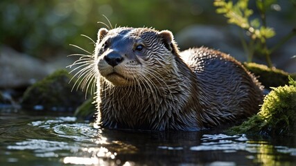 Obraz premium Playful otter emerging from water, surrounded by lush greenery and serene natural environment